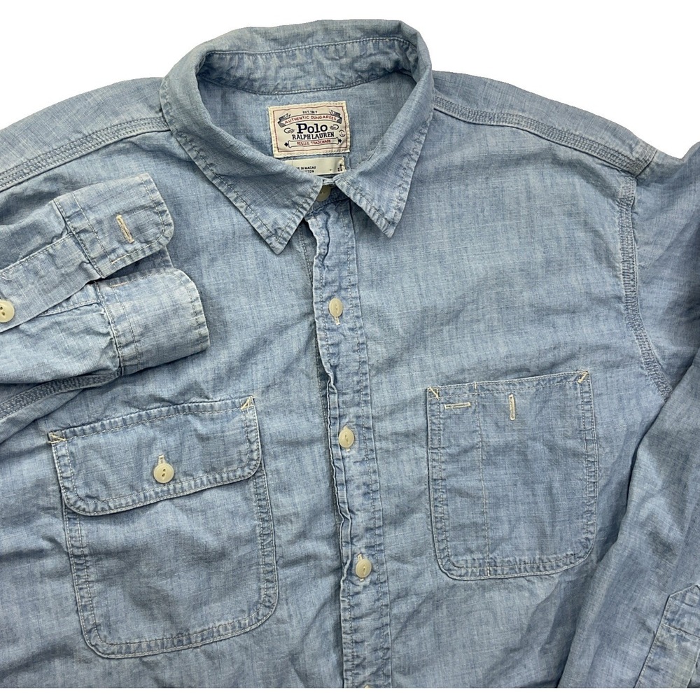 Vintage Polo Ralph Lauren Dungarees Chambray Shirt 90s Men Sz L Long Sleeve Blue